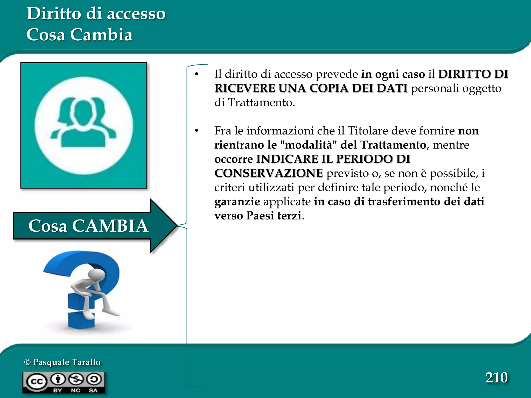© Pasquale Tarallo
210
Diritto di accesso
Cosa Cambia
• Il diritto di accesso prevede in ogni caso il DIRITTO DI
RICEVERE UNA COPIA DEI DATI personali oggetto
di Trattamento.
• Fra le informazioni che il Titolare deve fornire non
rientrano le "modalità" del Trattamento, mentre
occorre INDICARE IL PERIODO DI
CONSERVAZIONE previsto o, se non è possibile, i
criteri utilizzati per definire tale periodo, nonché le
garanzie applicate in caso di trasferimento dei dati
verso Paesi terzi.
Cosa CAMBIA
 