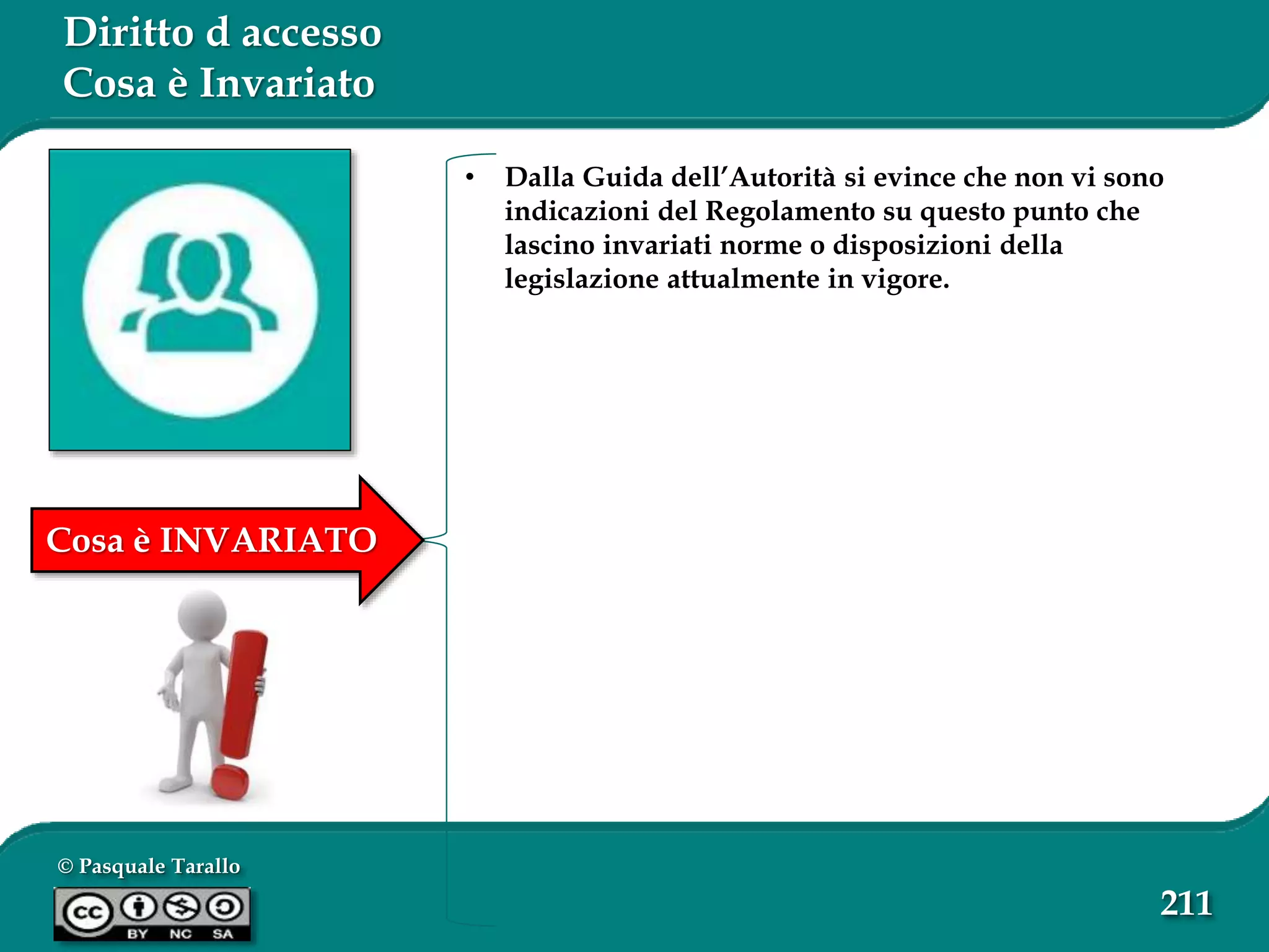 © Pasquale Tarallo
211
Diritto d accesso
Cosa è Invariato
• Dalla Guida dell’Autorità si evince che non vi sono
indicazioni del Regolamento su questo punto che
lascino invariati norme o disposizioni della
legislazione attualmente in vigore.
Cosa è INVARIATO
 