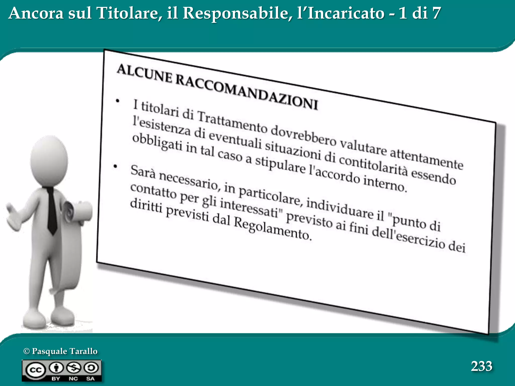 © Pasquale Tarallo
233
Ancora sul Titolare, il Responsabile, l’Incaricato - 1 di 7
 