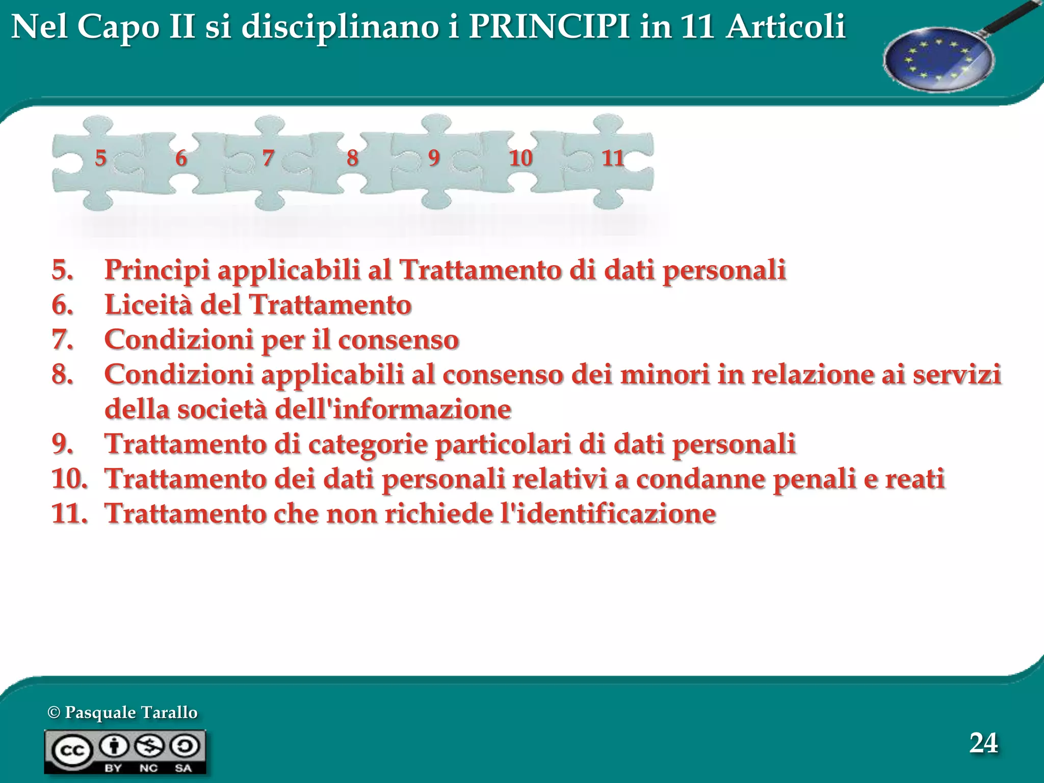 © Pasquale Tarallo
24
Nel Capo II si disciplinano i PRINCIPI in 11 Articoli
5 6 7 8 9 10 11
5. Principi applicabili al Trattamento di dati personali
6. Liceità del Trattamento
7. Condizioni per il consenso
8. Condizioni applicabili al consenso dei minori in relazione ai servizi
della società dell'informazione
9. Trattamento di categorie particolari di dati personali
10. Trattamento dei dati personali relativi a condanne penali e reati
11. Trattamento che non richiede l'identificazione
 