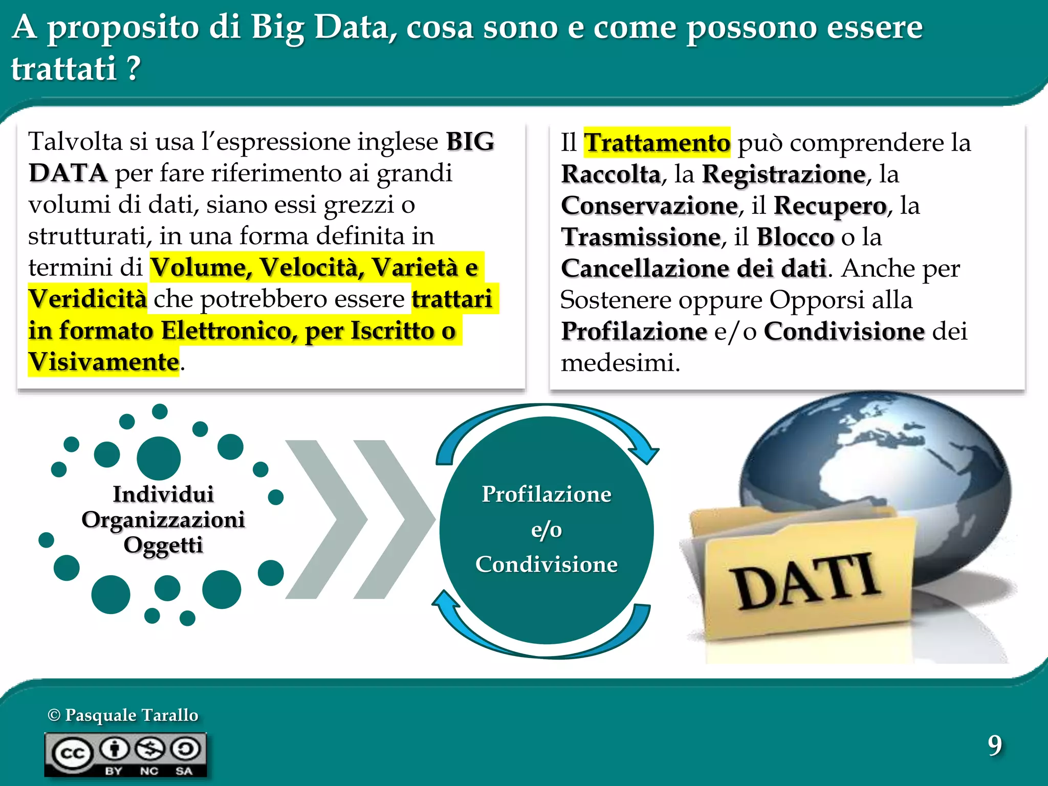 © Pasquale Tarallo
9
A proposito di Big Data, cosa sono e come possono essere
trattati ?
Talvolta si usa l’espressione inglese BIG
DATA per fare riferimento ai grandi
volumi di dati, siano essi grezzi o
strutturati, in una forma definita in
termini di Volume, Velocità, Varietà e
Veridicità che potrebbero essere trattari
in formato Elettronico, per Iscritto o
Visivamente.
Individui
Organizzazioni
Oggetti
Profilazione
e/o
Condivisione
Il Trattamento può comprendere la
Raccolta, la Registrazione, la
Conservazione, il Recupero, la
Trasmissione, il Blocco o la
Cancellazione dei dati. Anche per
Sostenere oppure Opporsi alla
Profilazione e/o Condivisione dei
medesimi.
 