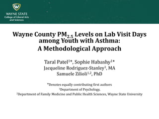Wayne County PM2.5 Levels on Lab Visit Days
among Youth with Asthma:
A Methodological Approach
Taral Patel1*, Sophie Habashy1*
Jacqueline Rodriguez-Stanley1, MA
Samuele Zilioli1,2, PhD
*Denotes equally contributing first authors
1Department of Psychology,
2Department of Family Medicine and Public Health Sciences, Wayne State University
 