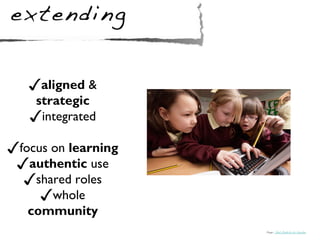 ✓aligned &
    strategic
   ✓integrated
✓focus on learning
 ✓authentic use
  ✓shared roles
     ✓whole
   community
                     Image: Mark Pinder for the Guardian
 