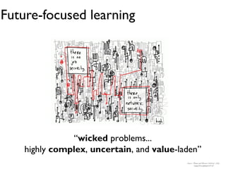 Future-focused learning




               “wicked problems...
    highly complex, uncertain, and value-laden”
                                           Source: Frame and Brown (2008, p. 226).;
                                                    image from gapingvoid.com
 
