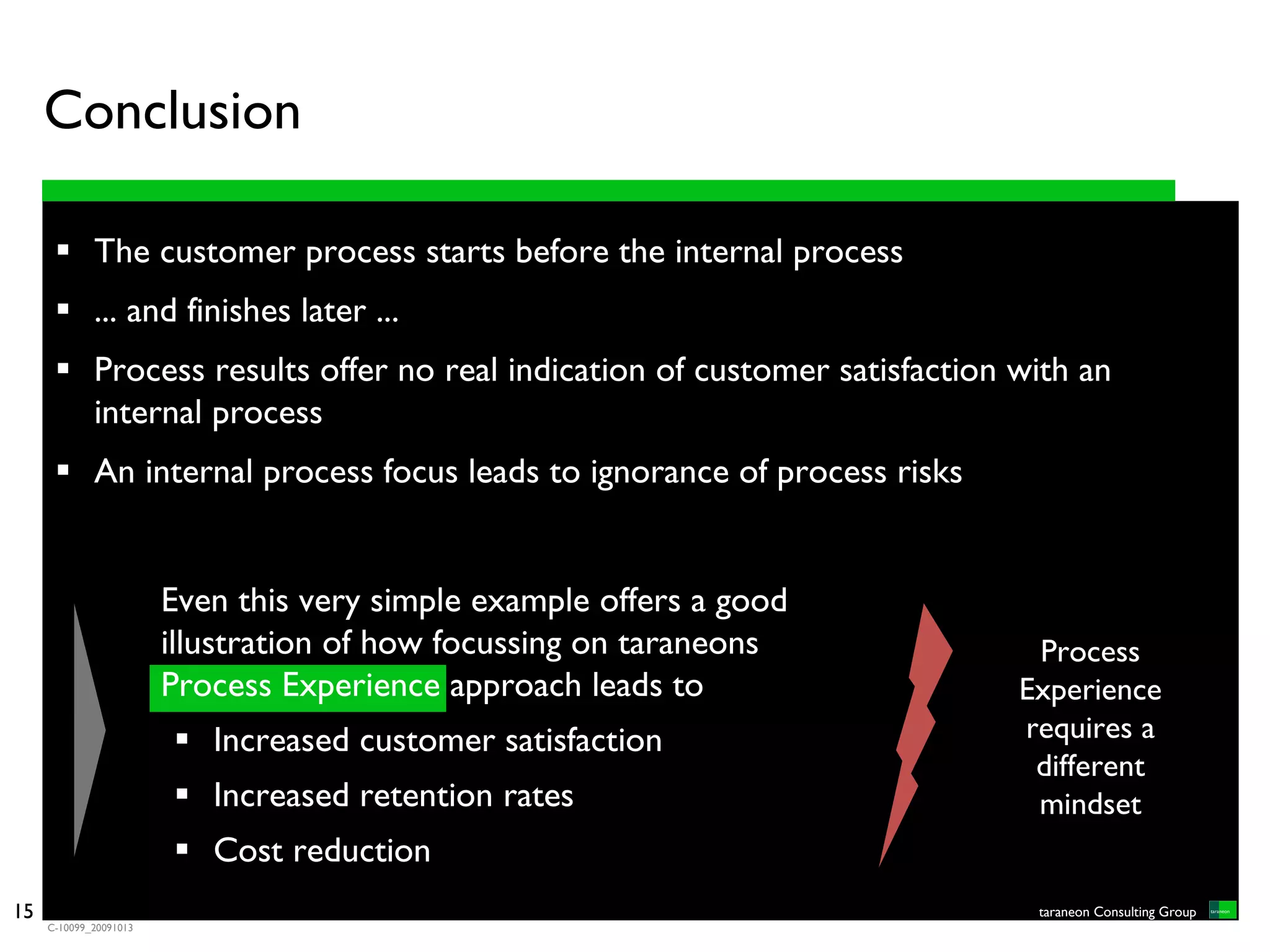 Conclusion

             The customer process starts before the internal process
             ... and finishes later ...
             Process results offer no real indication of customer satisfaction with an
             internal process
             An internal process focus leads to ignorance of process risks


                        Even this very simple example offers a good
                        illustration of how focussing on taraneons              Process
                        Process Experience approach leads to                   Experience
                           Increased customer satisfaction                     requires a
                                                                                different
                           Increased retention rates                            mindset
                           Cost reduction
15                                                                              taraneon Consulting Group
     C-10099_20091013
 