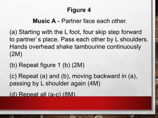 Figure 4
Music A - Partner face each other.
(a) Starting with the L foot, four skip step forward
to partner`s place. Pass each other by L shoulders.
Hands overhead shake tambourine continuously
(2M)
(b) Repeat figure 1 (b) (2M)
(c) Repeat (a) and (b), moving backward in (a),
passing by L shoulder again (4M)
(d) Repeat all (a-c) (8M)
 