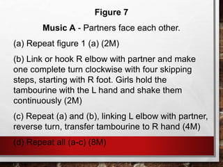 Figure 7
Music A - Partners face each other.
(a) Repeat figure 1 (a) (2M)
(b) Link or hook R elbow with partner and make
one complete turn clockwise with four skipping
steps, starting with R foot. Girls hold the
tambourine with the L hand and shake them
continuously (2M)
(c) Repeat (a) and (b), linking L elbow with partner,
reverse turn, transfer tambourine to R hand (4M)
(d) Repeat all (a-c) (8M)
 