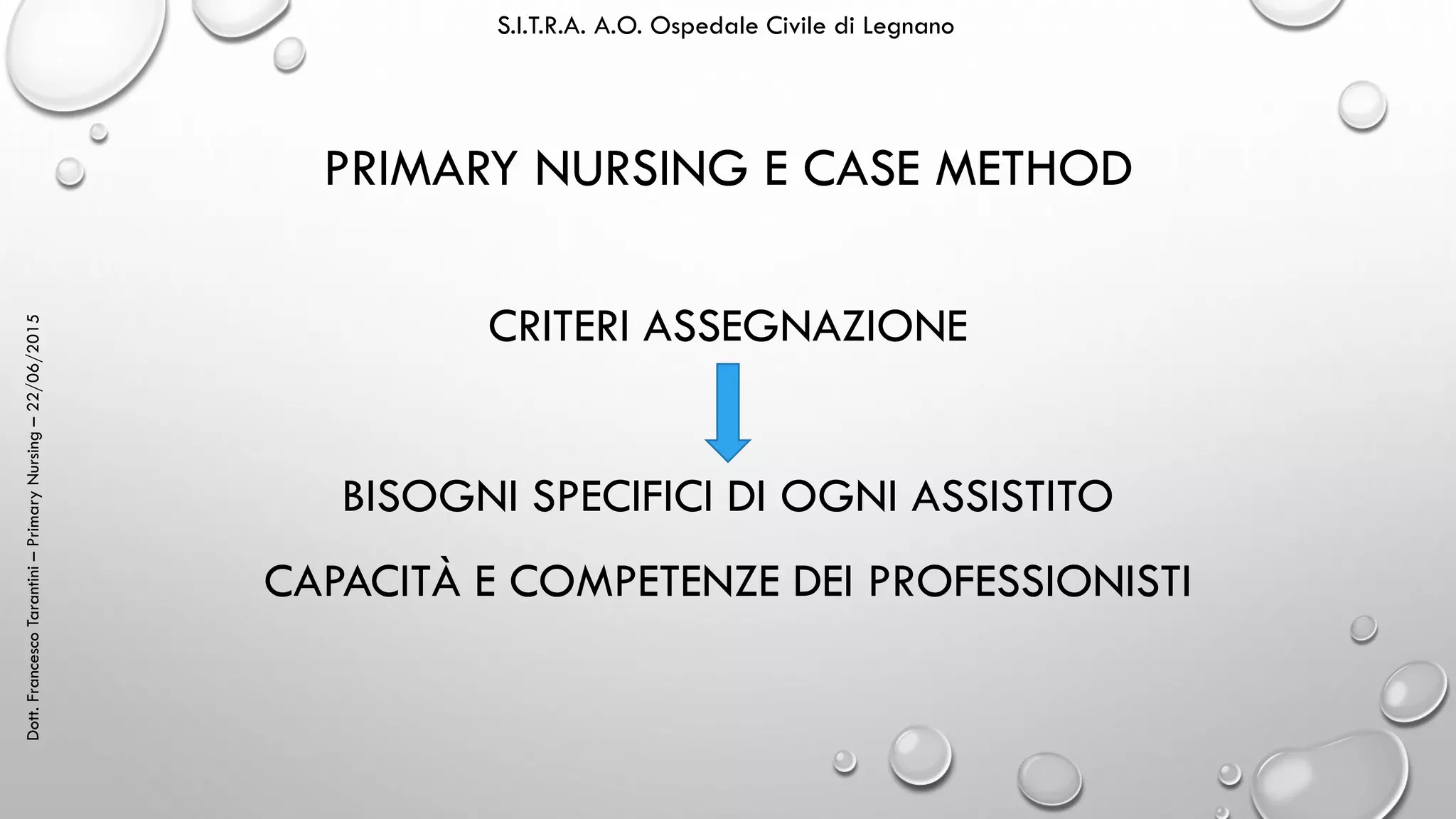 Dott.FrancescoTarantini–PrimaryNursing–22/06/2015 S.I.T.R.A. A.O. Ospedale Civile di Legnano
PRIMARY NURSING E CASE METHOD
CRITERI ASSEGNAZIONE
BISOGNI SPECIFICI DI OGNI ASSISTITO
CAPACITÀ E COMPETENZE DEI PROFESSIONISTI
 
