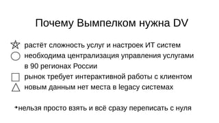 Почему Вымпелком нужна DV
•
растёт сложность услуг и настроек ИТ систем
•
необходима централизация управления услугами
в 90 регионах России
•
рынок требует интерактивной работы с клиентом
•
новым данным нет места в legacy системах
➔
нельзя просто взять и всё сразу переписать с нуля
 
