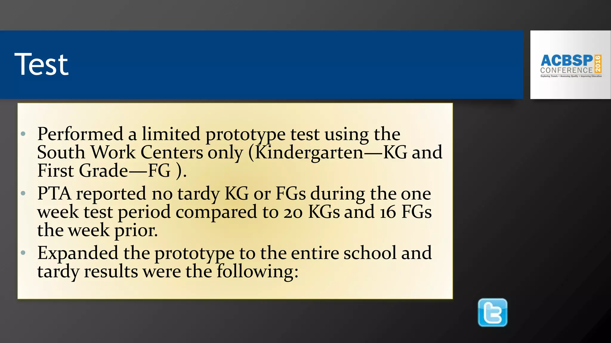 Test
• Performed a limited prototype test using the
South Work Centers only (Kindergarten—KG and
First Grade—FG ).
• PTA reported no tardy KG or FGs during the one
week test period compared to 20 KGs and 16 FGs
the week prior.
• Expanded the prototype to the entire school and
tardy results were the following:
 