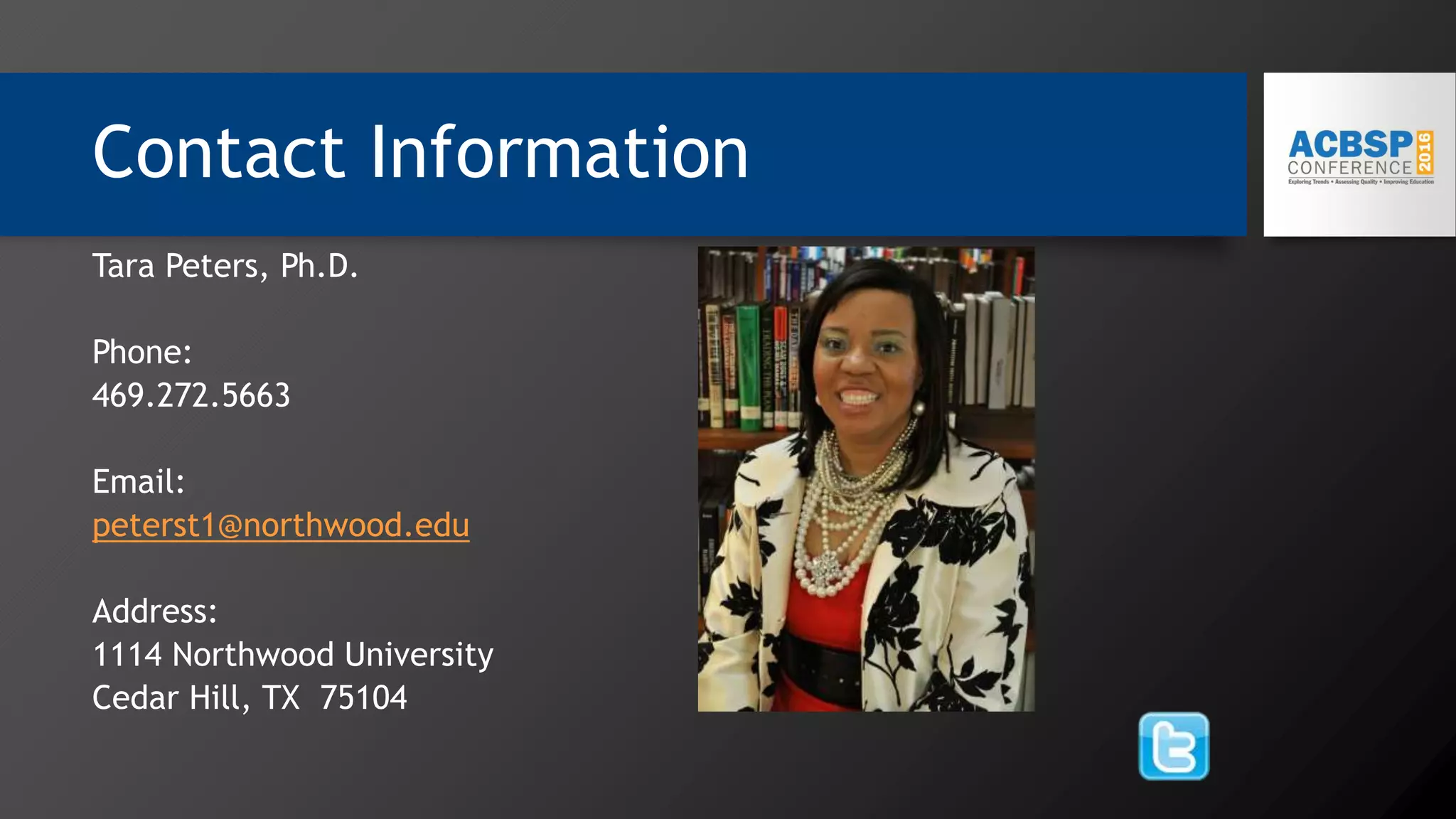 Contact Information
Tara Peters, Ph.D.
Phone:
469.272.5663
Email:
peterst1@northwood.edu
Address:
1114 Northwood University
Cedar Hill, TX 75104
 
