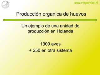 Producción organica de huevos
Un ejemplo de una unidad de
producción en Holanda
1300 aves
+ 250 en otra sistema
www.ringadvies.nl
 