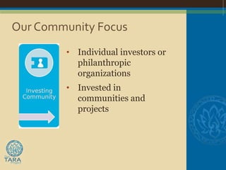 Our Community Focus
        • Individual investors or
          philanthropic
          organizations
        • Invested in
          communities and
          projects
 