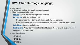 OWL ( Web Ontology Language)
• RDF based
• A defacto standard for ontology development
• Main components include
Classes :...
