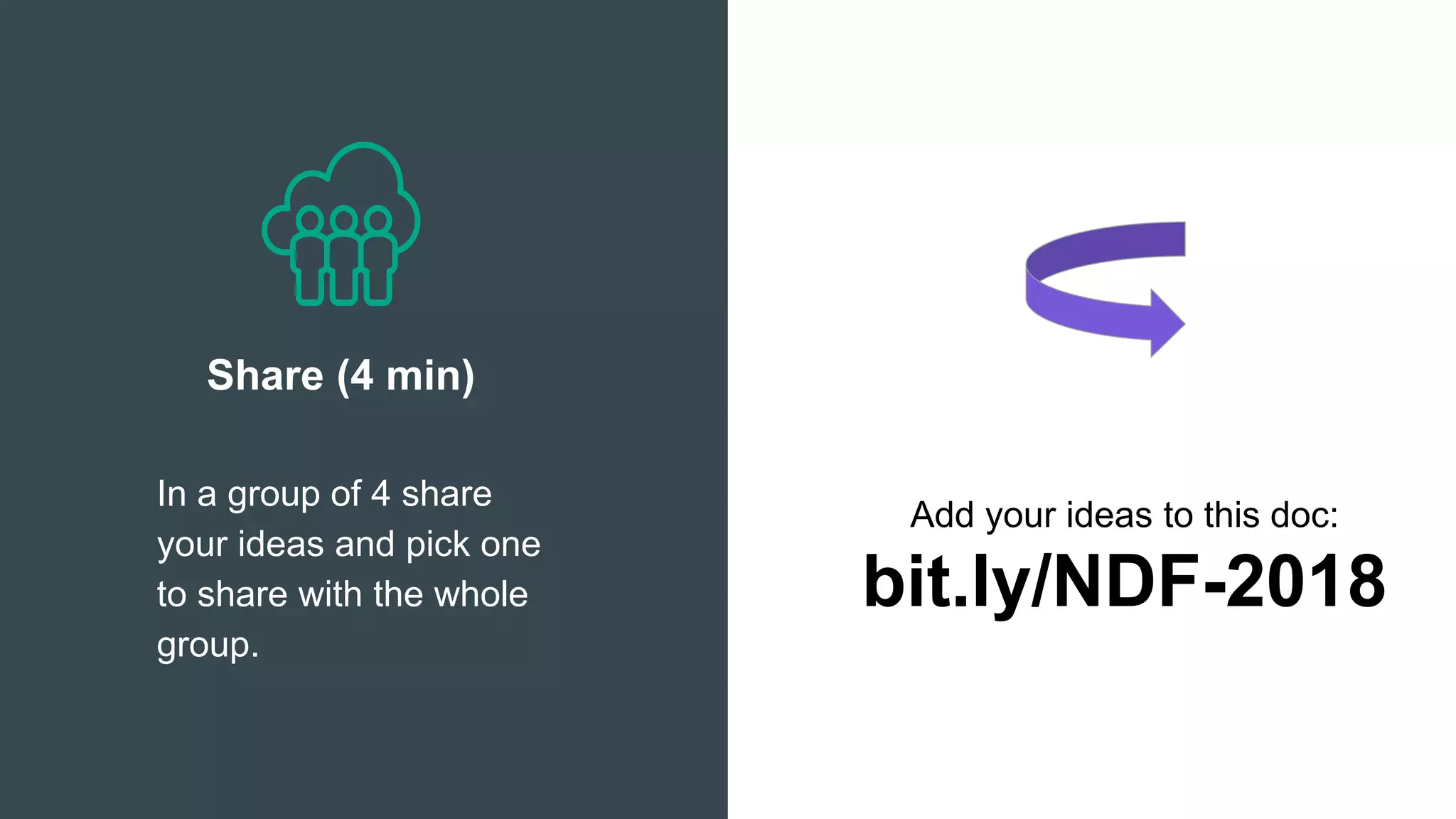 Add your ideas to this doc:
bit.ly/NDF-2018
In a group of 4 share
your ideas and pick one
to share with the whole
group.
Share (4 min)
 