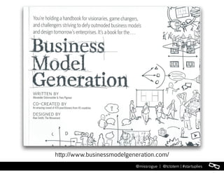 l@missrogue | @tctotem | #startuplies
http://www.businessmodelgeneration.com/
 