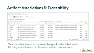®
®
Artifact Associations & Traceability
View the artifacts affected by code changes. Can be linked inside
Git using artifact tokens or afterwards in Spira user interface.
 