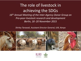 The role of livestock in
achieving the SDGs
16th Annual Meeting of the Inter-Agency Donor Group on
Pro-poor-livestock research and development
Berlin, 18 -20 November 2015
Shirley Tarawali, Assistant Director General, ILRI, Kenya
 