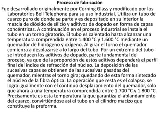 Proceso de fabricaciónFue desarrollado originalmente por Corning Glass y modificado por los Laboratorios Bell Telephone para su uso industrial. Utiliza un tubo de cuarzo puro de donde se parte y es depositado en su interior la mezcla de dióxido de silicio y aditivos de dopado en forma de capas concéntricas. A continuación en el proceso industrial se instala el tubo en un torno giratorio. El tubo es calentado hasta alcanzar una temperatura comprendida entre 1.400 °C y 1.600 °C mediante un quemador de hidrógeno y oxígeno. Al girar el torno el quemador comienza a desplazarse a lo largo del tubo. Por un extremo del tubo se introducen los aditivos de dopado, parte fundamental del proceso, ya que de la proporción de estos aditivos dependerá el perfil final del índice de refracción del núcleo. La deposición de las sucesivas capas se obtienen de las sucesivas pasadas del quemador, mientras el torno gira; quedando de esta forma sintezado el núcleo de la fibra óptica. La operación que resta es el colapso, se logra igualmente con el continuo desplazamiento del quemador, solo que ahora a una temperatura comprendida entre 1.700 °C y 1.800 °C. Precisamente es esta temperatura la que garantiza el ablandamiento del cuarzo, convirtiéndose así el tubo en el cilindro macizo que constituye la preforma.
