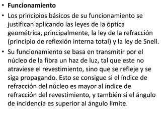 FuncionamientoLos principios básicos de su funcionamiento se justifican aplicando las leyes de la óptica geométrica, principalmente, la ley de la refracción (principio de reflexión interna total) y la ley de Snell.Su funcionamiento se basa en transmitir por el núcleo de la fibra un haz de luz, tal que este no atraviese el revestimiento, sino que se refleje y se siga propagando. Esto se consigue si el índice de refracción del núcleo es mayor al índice de refracción del revestimiento, y también si el ángulo de incidencia es superior al ángulo limite.