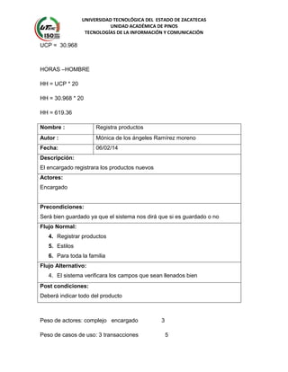 UNIVERSIDAD TECNOLÓGICA DEL ESTADO DE ZACATECAS
UNIDAD ACADÉMICA DE PINOS
TECNOLOGÍAS DE LA INFORMACIÓN Y COMUNICACIÓN
UCP = 30.968
HORAS –HOMBRE
HH = UCP * 20
HH = 30.968 * 20
HH = 619.36
Nombre : Registra productos
Autor : Mónica de los ángeles Ramírez moreno
Fecha: 06/02/14
Descripción:
El encargado registrara los productos nuevos
Actores:
Encargado
Precondiciones:
Será bien guardado ya que el sistema nos dirá que si es guardado o no
Flujo Normal:
4. Registrar productos
5. Estilos
6. Para toda la familia
Flujo Alternativo:
4. El sistema verificara los campos que sean llenados bien
Post condiciones:
Deberá indicar todo del producto
Peso de actores: complejo encargado 3
Peso de casos de uso: 3 transacciones 5
 
