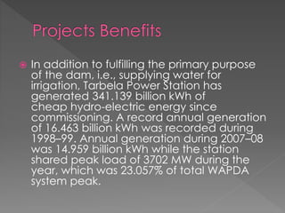  In addition to fulfilling the primary purpose
of the dam, i.e., supplying water for
irrigation, Tarbela Power Station has
generated 341.139 billion kWh of
cheap hydro-electric energy since
commissioning. A record annual generation
of 16.463 billion kWh was recorded during
1998–99. Annual generation during 2007–08
was 14.959 billion kWh while the station
shared peak load of 3702 MW during the
year, which was 23.057% of total WAPDA
system peak.
 
