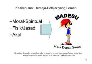 Kesimpulan: Remaja-Pelajar yang Lemah Moral-Spiritual Fisik/Jasad Akal “ Kemudian datanglah sesudah mereka, generasi pengganti yang mengabaikan sholat dan mengikuti syahwat, maka mereka akan tersesat.”.(QS Maryam : 59) MADESU Masa Depan Suram 