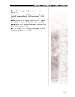 Towards a Renewed Vision of Islamic Education



Plan: I plan a strategy seeking answers to our questions.
(Quran ?:??)

Investigate: I investigate by doing activities and by using
resources to get information; I record my findings. (Quran
29:20)

Reflect: I reflect on my findings, summarize what I learned,
and evaluate my efforts at finding answers. (Quran 38:29)

Share: I share what I learned with different audiences and in
different ways. (Quran 41:33)

Act: I act on what I have learned by applying it to my world
outside the classroom. (Quran 34:37)




                                                                                 Page 11
 