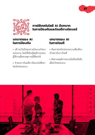 37
บทบาทของ AI
ในการป้องกัน
• เฝ้าระวังภัยคุกคามไซเบอร์ของ
หน่วยงาน โดยให้เรียนรู้พฤติกรรมของ
ผู้ใช้งานเพื่อหาเหตุการณ์ท่ี่ผิดปกติ
• จ�ำลองการโจมตีทางไซเบอร์เพื่อหา
ช่องโหว่ของระบบ
บทบาทของ AI
ในการโจมตี
• ค้นหาช่องโหว่ของระบบเพื่อเลือก
เป้าหมายในการโจมตีี
• ติดตามพฤติกรรมบนโซเชียลมีเดีย
เพื่อน�ำไปหลอกลวง
การใช้เทคโนโลยี AI มีบทบาท
ในการป้องกันและโจมตีทางไซเบอร์
 