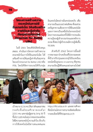 78
โครงการสร้างความ
ตระหนักในการใช้
อินเทอร์เน็ต ให้เสริมสร้าง
รายได้และรู้เท่าทัน
ภัยคุกคามไซเบอร์
(Internet for Better
Life)
ในปี 2561 ไทยเซิร์ตได้สนับสนุน
สพธอ. ด�ำเนินการโครงการสร้างความ
ตระหนักในการใช้อินเทอร์เน็ต ให้
เสริมสร้างรายได้และรู้เท่าทันภัยคุกคาม
ไซเบอร์ (Internet for Better Life) หรือ
IFBL โดยได้จัดการอบรมให้กับกลุ่ม
เป้าหมาย 4,116 คน ได้แก่ เด็กและเยาวชน
(ระดับชั้นมัธยมศึกษาตอนต้น)
2,511 คน และกลุ่มผู้สูงอายุ (อายุ 50 ปี
ขึ้นไป)1,605คนในทุกภาคของประเทศไทย
ให้มีความตระหนักรู้ ความเข้าใจ เกี่ยวกับ
การใช้เทคโนโลยีสารสนเทศและ
อินเทอร์เน็ตอย่างมั่นคงปลอดภัย เพื่อ
สามารถเป็นแบบอย่างต่อสังคม ซึ่งจะช่วย
ลดปัญหาความเสี่ยงจากการใช้อินเทอร์เน็ต
และการตกเป็นเหยื่อในโลกออนไลน์
โดยการอบรมแต่ละครั้งได้มีการประเมิน
ความรู้ของผู้เข้าอบรมก่อนและหลังการ
อบรม ซึ่งพบว่าผู้เข้าอบรมมีความรู้เพิ่มขึ้น
93.56%
ส�ำหรับปี 2562 โครงการนี้จะมี
การขยายผล น�ำบทเรียนที่ไปอบรมตลอด
ทั้งปี มาปรับปรุงและบรรจุไว้เป็นบทเรียน
ออนไลน์ในรูปแบบ e-Learning ที่ทุกคน
สามารถเรียนรู้ได้ด้วยตนเองผ่านทางเว็บไซต์
https://ifbl.etda.or.th และสถานศึกษา
ที่สนใจร่วมโครงการสามารถติดต่อเพื่อขอ
รายละเอียดได้ที่ifbl@etda.or.th
 