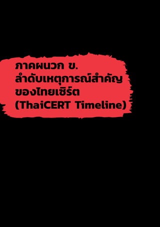 86
ภาคผนวก ข.
ล�ำดับเหตุการณ์ส�ำคัญ
ของไทยเซิร์ต
(ThaiCERT Timeline)
 