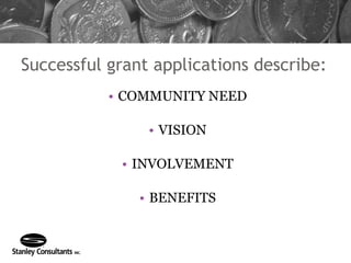 Successful grant applications describe: COMMUNITY NEED VISION INVOLVEMENT BENEFITS 