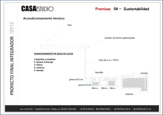 Premisas /04 - Sustentabilidad
ALMACENAMIENTO DE AGUA DE LLUVIA
1-bajantes y canaletas
2- Desvío al drenaje
3- Filtros
4- Cisterna
5- Bomba
 