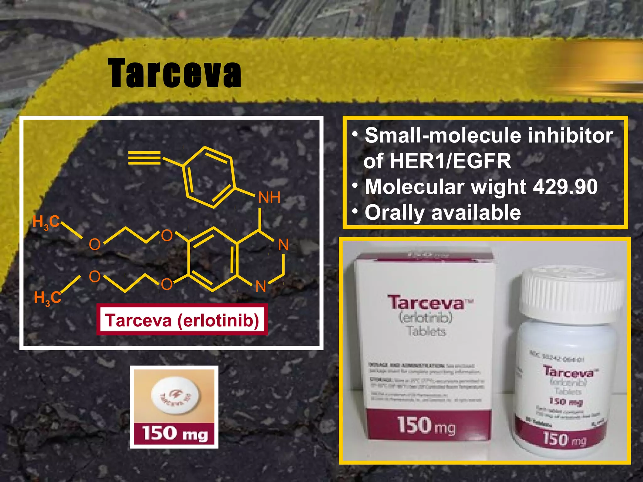 Tarceva
O
O
H3C
H3C
O
O
NH
N
N
Tarceva (erlotinib)
• Small-molecule inhibitor
of HER1/EGFR
• Molecular wight 429.90
• Orally available
 