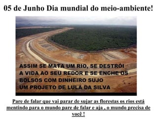 05 de Junho Dia mundial do meio-ambiente!
Pare de falar que vai parar de sujar as florestas os rios está
mentindo para o mundo pare de falar e aja , o mundo precisa de
você !
 