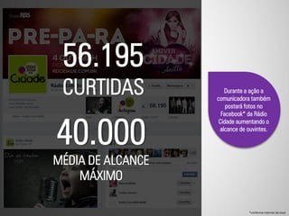 Durante a ação a
comunicadora também
postará fotos no
Facebook* da Rádio
Cidade aumentando o
alcance de ouvintes.
*conforme internet do local
56.195
CURTIDAS
40.000
MÉDIA DE ALCANCE
MÁXIMO
 