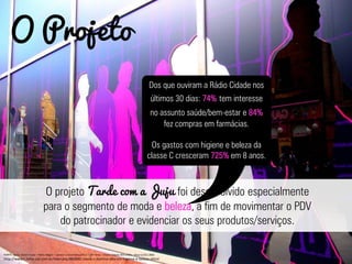 O projeto Tarde com a Juju foi desenvolvido especialmente
para o segmento de moda e beleza, a fim de movimentar o PDV
do patrocinador e evidenciar os seus produtos/serviços.
O Projeto
Dos que ouviram a Rádio Cidade nos
últimos 30 dias: 74% tem interesse
no assunto saúde/bem-estar e 84%
fez compras em farmácias.
Os gastos com higiene e beleza da
classe C cresceram 725% em 8 anos.
FONTE: Ipsos: Sistem Suite – Porto Alegre – Janeiro a Dezembro/2012 – 18+ Anos – Ouviu Cidade 05h a 05h – Base (2.811.000)
http://www1.folha.uol.com.br/mercado/882602-classe-c-domina-alta-em-higiene-e-beleza.shtml
 