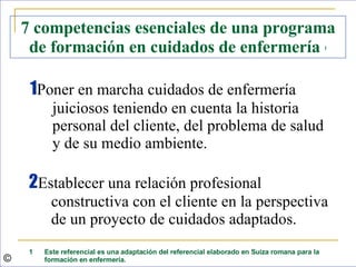 1  Poner en marcha cuidados de enfermería juiciosos teniendo en cuenta la historia personal del cliente, del problema de salud y de su medio ambiente. 2  Establecer una relación profesional constructiva con el cliente en la perspectiva de un proyecto de cuidados adaptados. 7 competencias esenciales de una programa de formación en cuidados de enfermería  1 Este referencial es una adaptación del referencial elaborado en Suiza romana para la formación en enfermería.  © 