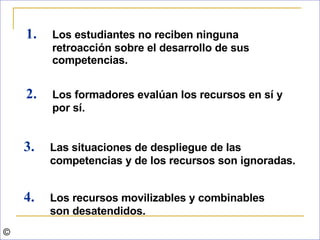 1.   Los estudiantes no reciben ninguna retroacción sobre el desarrollo de sus competencias . © 2.   Los formadores evalúan los recursos en sí y por sí.  3.   Las situaciones de despliegue de las competencias y de los recursos son ignoradas. 4.   Los recursos movilizables y combinables son desatendidos. 