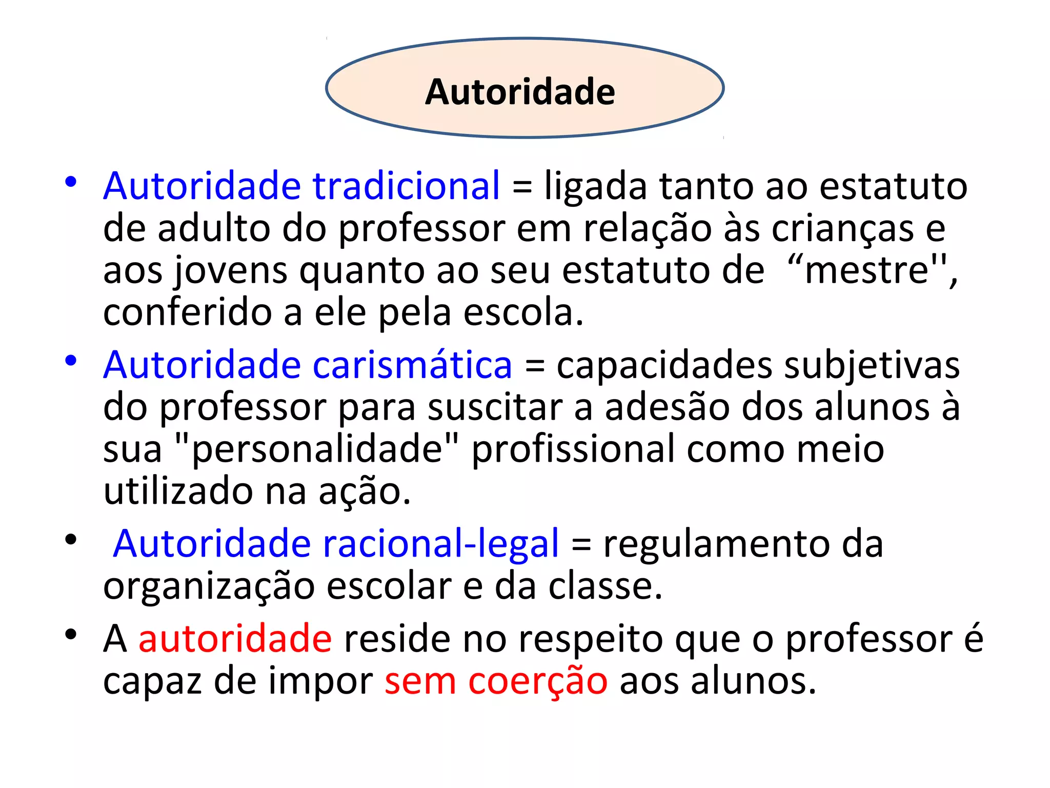 Autoridade

• Autoridade tradicional = ligada tanto ao estatuto
de adulto do professor em relação às crianças e
aos jovens quanto ao seu estatuto de “mestre'',
conferido a ele pela escola.
• Autoridade carismática = capacidades subjetivas
do professor para suscitar a adesão dos alunos à
sua "personalidade" profissional como meio
utilizado na ação.
• Autoridade racional-legal = regulamento da
organização escolar e da classe.
• A autoridade reside no respeito que o professor é
capaz de impor sem coerção aos alunos.

 