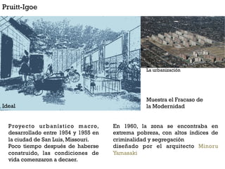 Pruitt-Igoe




                                                 La urbanización




                                                 Muestra el Fracaso de
Ideal                                            la Modernidad


  Proyecto urbanístico macro,         En 1960, la zona se encontraba en
  desarrollado entre 1954 y 1955 en   extrema pobreza, con altos índices de
  la ciudad de San Luis, Missouri.    criminalidad y segregación
  Poco tiempo después de haberse      diseñado por el arquitecto Minoru
  construido, las condiciones de      Yamasaki
  vida comenzaron a decaer.
 