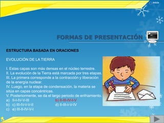 Inicio




                              FORMAS DE PRESENTACIÓN

ESTRUCTURA BASADA EN ORACIONES

EVOLUCIÓN DE LA TIERRA

I. Estas capas son más densas en el núcleo terrestre.
II. La evolución de la Tierra está marcada por tres etapas.
III. La primera corresponde a la contracción y liberación
de la energía nuclear.
IV. Luego, en la etapa de condensación, la materia se
sitúa en capas concéntricas.
V. Posteriormente, se da el largo periodo de enfriamiento.
a) II-I-IV-V-III                b) II-III-IV-l-V
b) c) III-IV-I-V-II             d) II-III-I-V-IV
c) e) III-II-IV-V-I
 