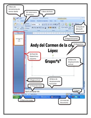 4-Barra de
herramientasde
acceso rápido
9-Reglavertical
18- Icononueva
diapositiva
17-Panel de notas
16-Panel de
diapositivay
esquema
15-Diapositiva
14-Ayudade
Microsoft
powerpoint
13-Vistasdel
documento
12-Barra de estado
11-Barra de
desplazamiento
vertical
10-Barra de
desplazamiento
horizontal
8-Reglahorizontal
7-Zoom
1-Barra de titulo
 