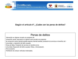 Según  el artículo 6º, ¿Cuáles son las penas de delitos? Penas de delitos Internación en régimen cerrado con programa de reinserción social; internación en régimen semi-cerrado con programa de reinserción social; libertad asistida especial; libertad asistida; prestación de servicios en beneficio de l comunidad, y reparación del daño causado. Penas de faltas: Prestación de servicios en beneficio de la comunidad; Reparación del daño causado; Multa, y Amonestación. Pena accesoria: Prohibición de conducir vehículos motorizados. 