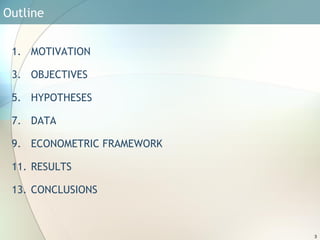 Outline  MOTIVATION OBJECTIVES HYPOTHESES DATA ECONOMETRIC FRAMEWORK RESULTS CONCLUSIONS 