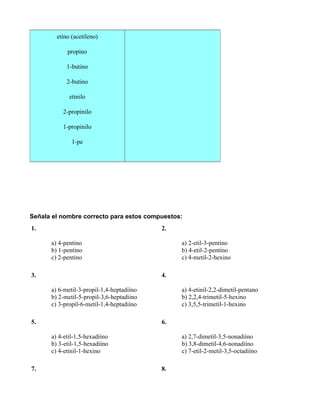 etino (acetileno)

            propino

            1-butino

            2-butino

             etinilo

          2-propinilo

          1-propinilo

              1-pe




Señala el nombre correcto para estos compuestos:
1.                                         2.

      a) 4-pentino                              a) 2-etil-3-pentino
      b) 1-pentino                              b) 4-etil-2-pentino
      c) 2-pentino                              c) 4-metil-2-hexino

3.                                         4.

      a) 6-metil-3-propil-1,4-heptadiíno        a) 4-etinil-2,2-dimetil-pentano
      b) 2-metil-5-propil-3,6-heptadiino        b) 2,2,4-trimetil-5-hexino
      c) 3-propil-6-metil-1,4-heptadiíno        c) 3,5,5-trimetil-1-hexino

5.                                         6.

      a) 4-etil-1,5-hexadiíno                   a) 2,7-dimetil-3,5-nonadiíno
      b) 3-etil-1,5-hexadiíno                   b) 3,8-dimetil-4,6-nonadiíno
      c) 4-etinil-1-hexino                      c) 7-etil-2-metil-3,5-octadiíno

7.                                         8.
 