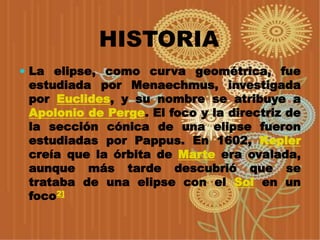 HISTORIA
 La elipse, como curva geométrica, fue
 estudiada por Menaechmus, investigada
 por Euclides, y su nombre se atribuye a
 Apolonio de Perge. El foco y la directriz de
 la sección cónica de una elipse fueron
 estudiadas por Pappus. En 1602, Kepler
 creía que la órbita de Marte era ovalada,
 aunque más tarde descubrió que se
 trataba de una elipse con el Sol en un
 foco2]
 