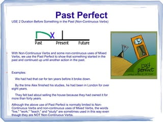 Past Perfect
    USE 2 Duration Before Something in the Past (Non-Continuous Verbs)




●   With Non-Continuous Verbs and some non-continuous uses of Mixed
    Verbs, we use the Past Perfect to show that something started in the
    past and continued up until another action in the past.


●   Examples:

      We had had that car for ten years before it broke down.

       By the time Alex finished his studies, he had been in London for over
    eight years.

     They felt bad about selling the house because they had owned it for
    more than forty years.

    Although the above use of Past Perfect is normally limited to Non-
    Continuous Verbs and non-continuous uses of Mixed Verbs, the words
    "live," "work," "teach," and "study" are sometimes used in this way even
    though they are NOT Non-Continuous Verbs.
 