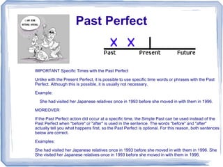 Past Perfect


IMPORTANT Specific Times with the Past Perfect

Unlike with the Present Perfect, it is possible to use specific time words or phrases with the Past
Perfect. Although this is possible, it is usually not necessary.

Example:

  She had visited her Japanese relatives once in 1993 before she moved in with them in 1996.

MOREOVER

If the Past Perfect action did occur at a specific time, the Simple Past can be used instead of the
Past Perfect when "before" or "after" is used in the sentence. The words "before" and "after"
actually tell you what happens first, so the Past Perfect is optional. For this reason, both sentences
below are correct.

Examples:

She had visited her Japanese relatives once in 1993 before she moved in with them in 1996. She
She visited her Japanese relatives once in 1993 before she moved in with them in 1996.
 