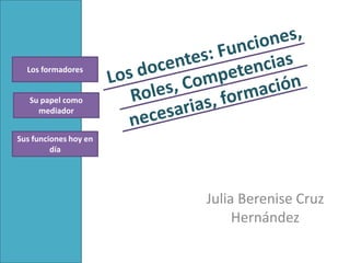 Los formadores


   Su papel como
     mediador


Sus funciones hoy en
         día




                       Julia Berenise Cruz
                            Hernández
 